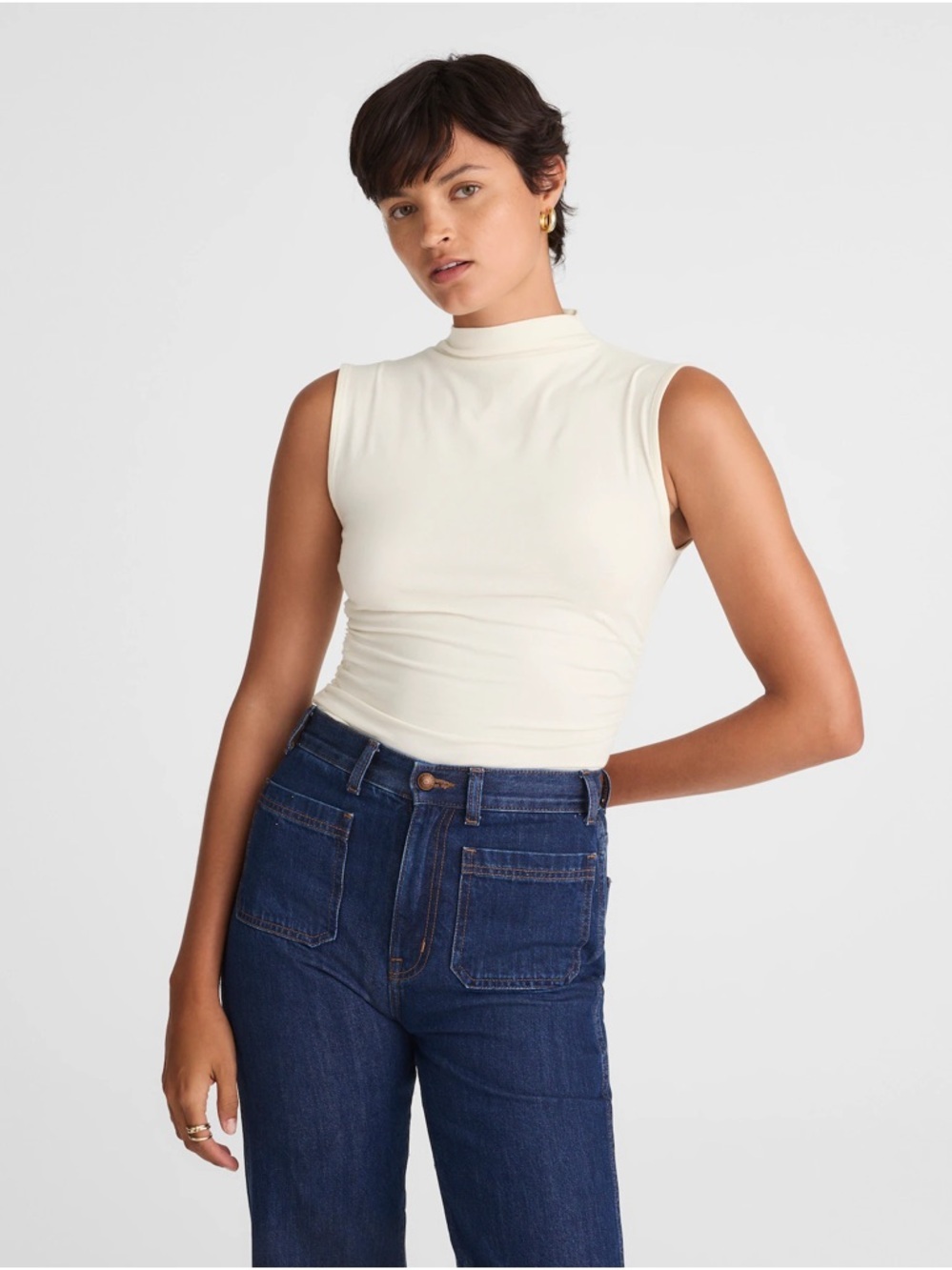 Madewell Ruched Mockneck Sleeveless Tank Shirt in Vintage Ivory Size Small